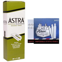 Ultimate Shaving Kit of 100 Astra Superior Platinum Double Edge Razor Blades with 20 Free The Shave Factory Styptic Matches - Smooth Shaves and Quick