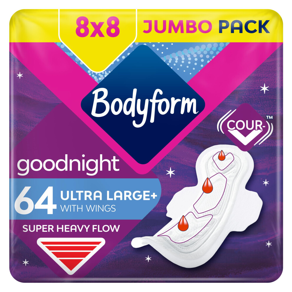 Bodyform Ultra Goodnight Sanitary Towels With Wings, 64 (8 X 8 Packs) Period Pads For Night Use, Securefit Leakage Protection, Ultra-Breathable Top Layer