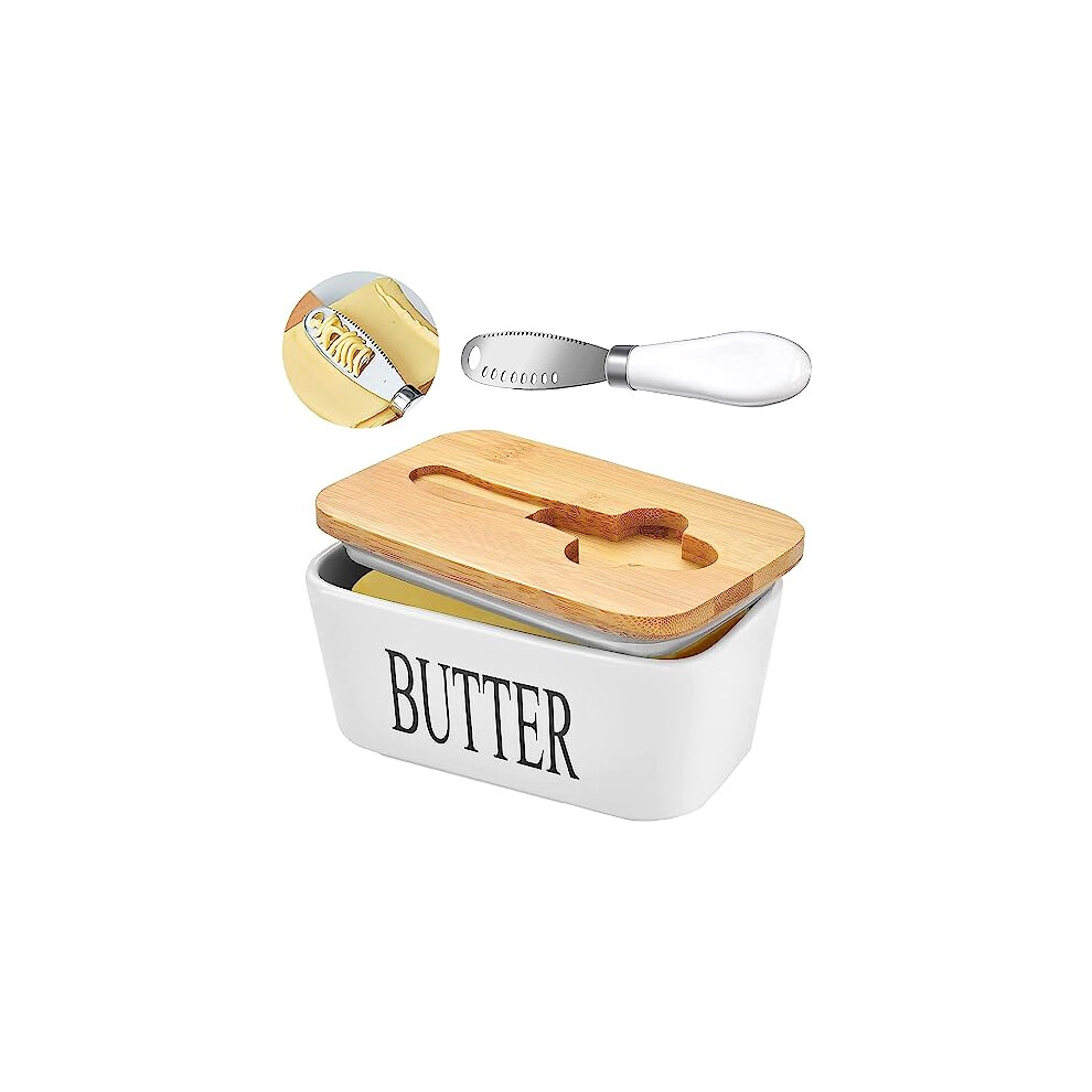 Ceramic Butter Dish with Wooden Lid, Airtight Butter Keeper for Counter or Fridge with Stainless Steel Multipurpose Butter Knife, Butter Container