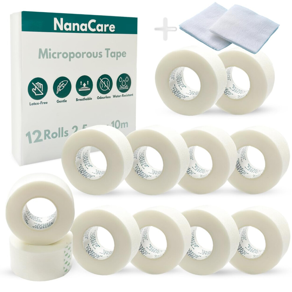 Nanacare Microporous Surgical Tape 2.5Cm X 10M + 10Pc Medical Gauze Pads | 12 Rolls Micropore Surgical Tape | Medical Tape For Skin, Dressings And Face | First