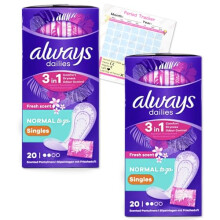 Always Dailies Panty Liners Normal 40x Fresh Scent Pantyliners | Go Fresh 3 in 1 | Singles Individually Wrapped | Odour Neutralising | Comfort | Pack