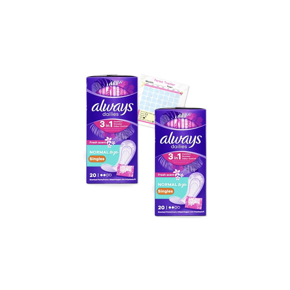 Always Dailies Panty Liners Normal 40x Fresh Scent Pantyliners | Go Fresh 3 in 1 | Singles Individually Wrapped | Odour Neutralising | Comfort | Pack