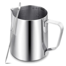 Milk Frother Jug,400ml/14oz Milk Jug with Latte Decorating Art Pen,Metal Barista Milk Frothing Pitcher Cup for Coffee Machine.(Silver)