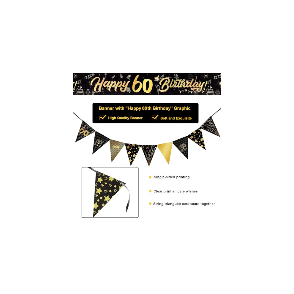 60th Birthday Decorations Kit Black Gold Happy 60th Birthday Banner Triangle Flag Banner 60th