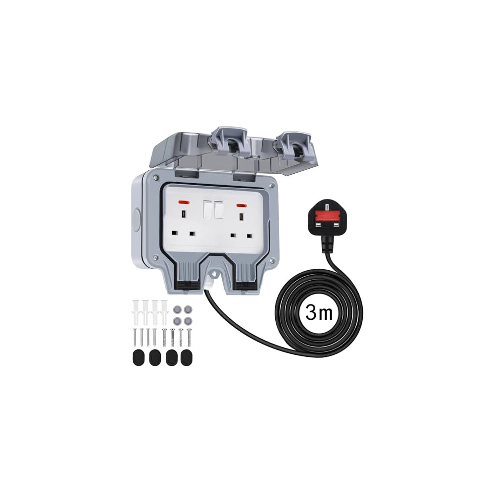 Double Outdoor Socket with 3m Extension Lead, Outside Plug Socket IP66 Waterproof Socket 13Amp 2 Gang Switched Socket Cover, Wall Electrical Outlet