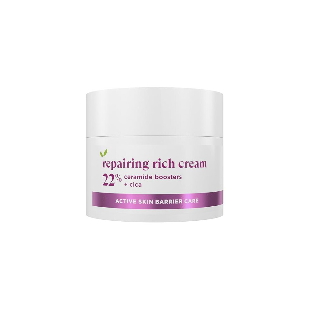 Repairing Rich Face Cream facial moisturiser with 22% ceramide boosters, organic cica and provitamin B5 for a stronger skin barrier repairs and