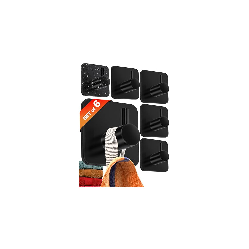 no-Drill self Adhesive Hooks – 6 Black Stick on Hooks, Rust-Free Sticky Hooks, Hooks for Hanging Towels in bathrooms, Hooks Stick on Walls