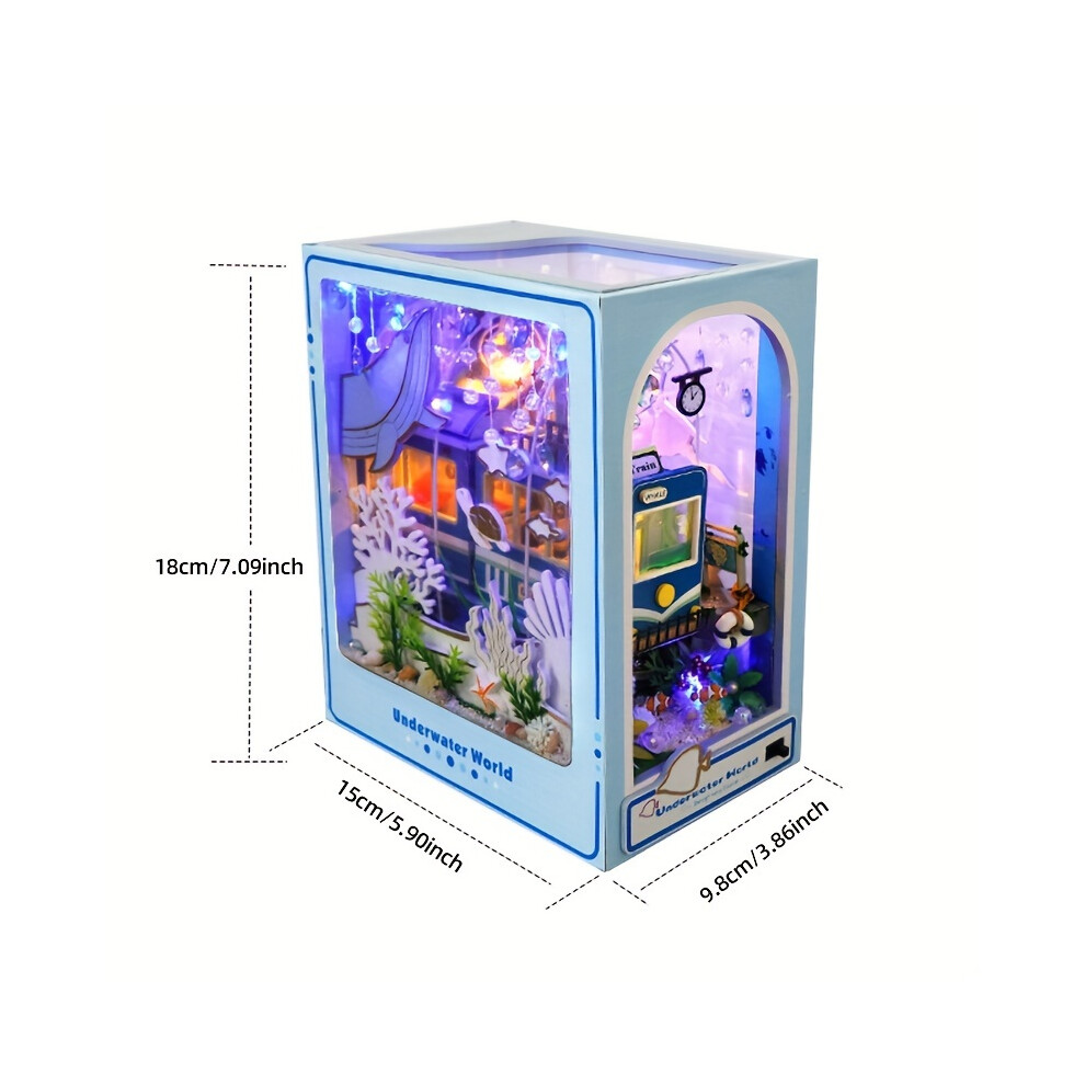 Bghone (The Underwater World) 3D Wooden Puzzle Architecture Bookshelf Kits - Diy Miniature House Model With Detailed Furniture