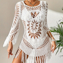 (White, One-size) Solid Color Boho Style Cover Up Dress, Fringe Trim Long Sleeves Hollow Out