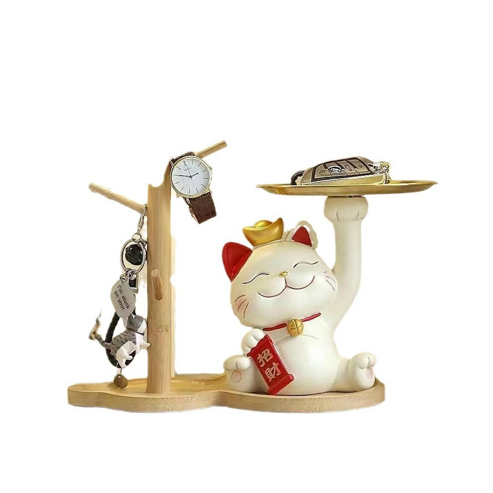 (Fortune Cat+Bamboo Strip) Creative Fortune Cat Home Swing Jewelry Living Room Porch Relocation Decoration Desktop Key Snack Storage Small Substance