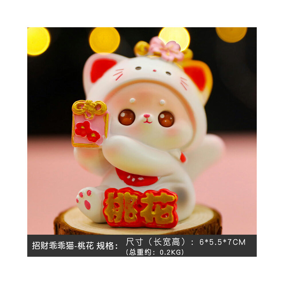 (Peach blossom B, About 6*5.5*7) Cartoon Cute Fortune Cat Good Luck Sucking Gold Peach Blossom Center Console Decorative Home Desktop Decoration Small