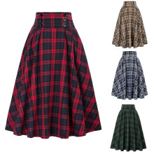 (Red, XL) Womens Plaid Wool Skirts Elastic Waist A-line Pleated Tartan Long Skirts