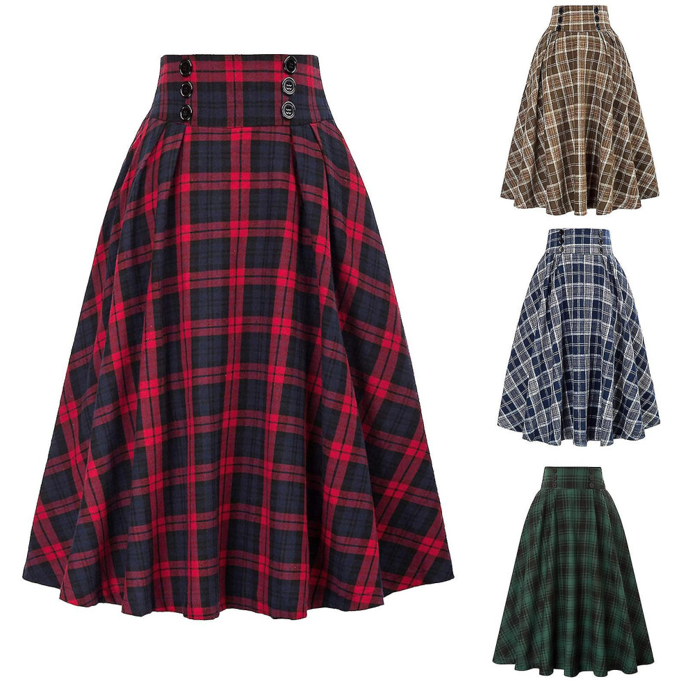 (Red, XL) Womens Plaid Wool Skirts Elastic Waist A-line Pleated Tartan Long Skirts