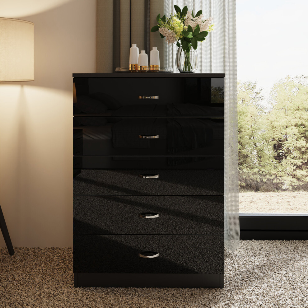(Black) 5 Drawer High Gloss Chest Of Drawers
