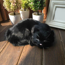 (Black) Realistic Sleeping Lifelike Cat Plush Fake Fur Life Size Furry House Animal
