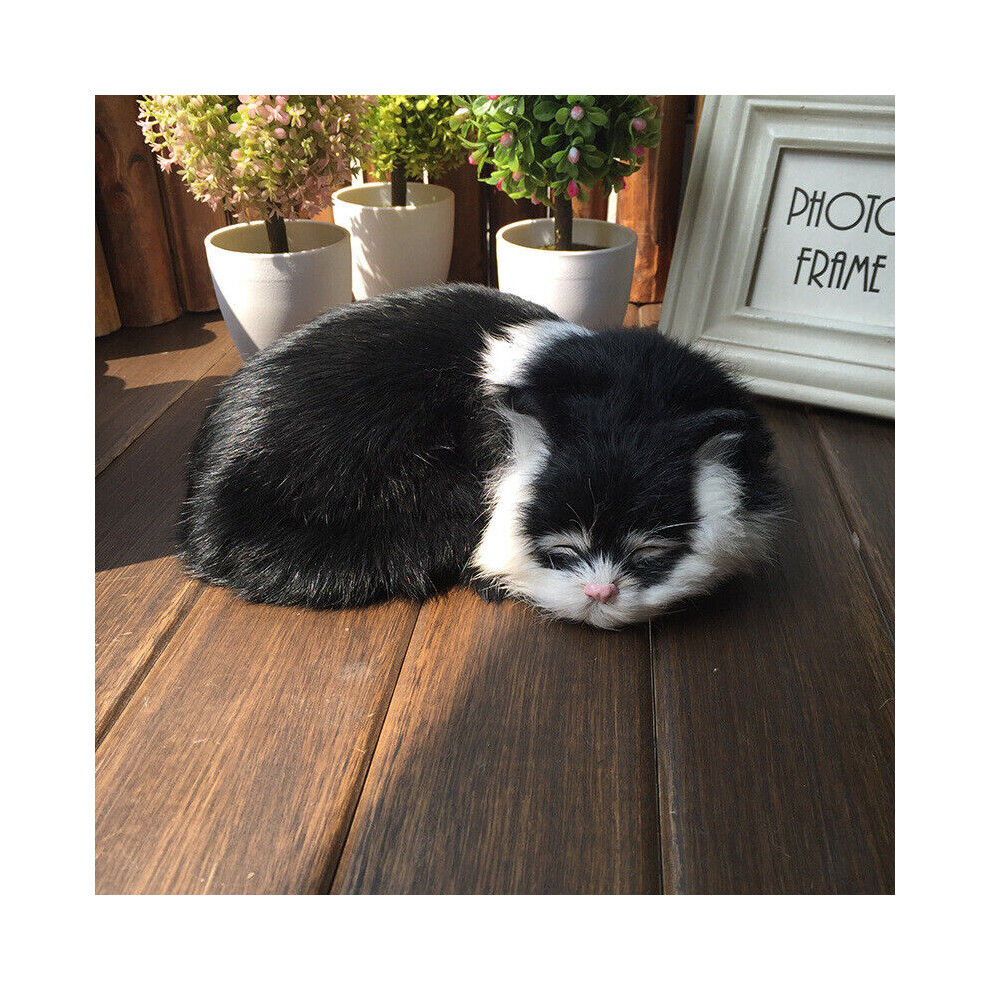 ( And White) Realistic Sleeping Lifelike Cat Plush Fake Fur Life Size Furry House Animal Black/White