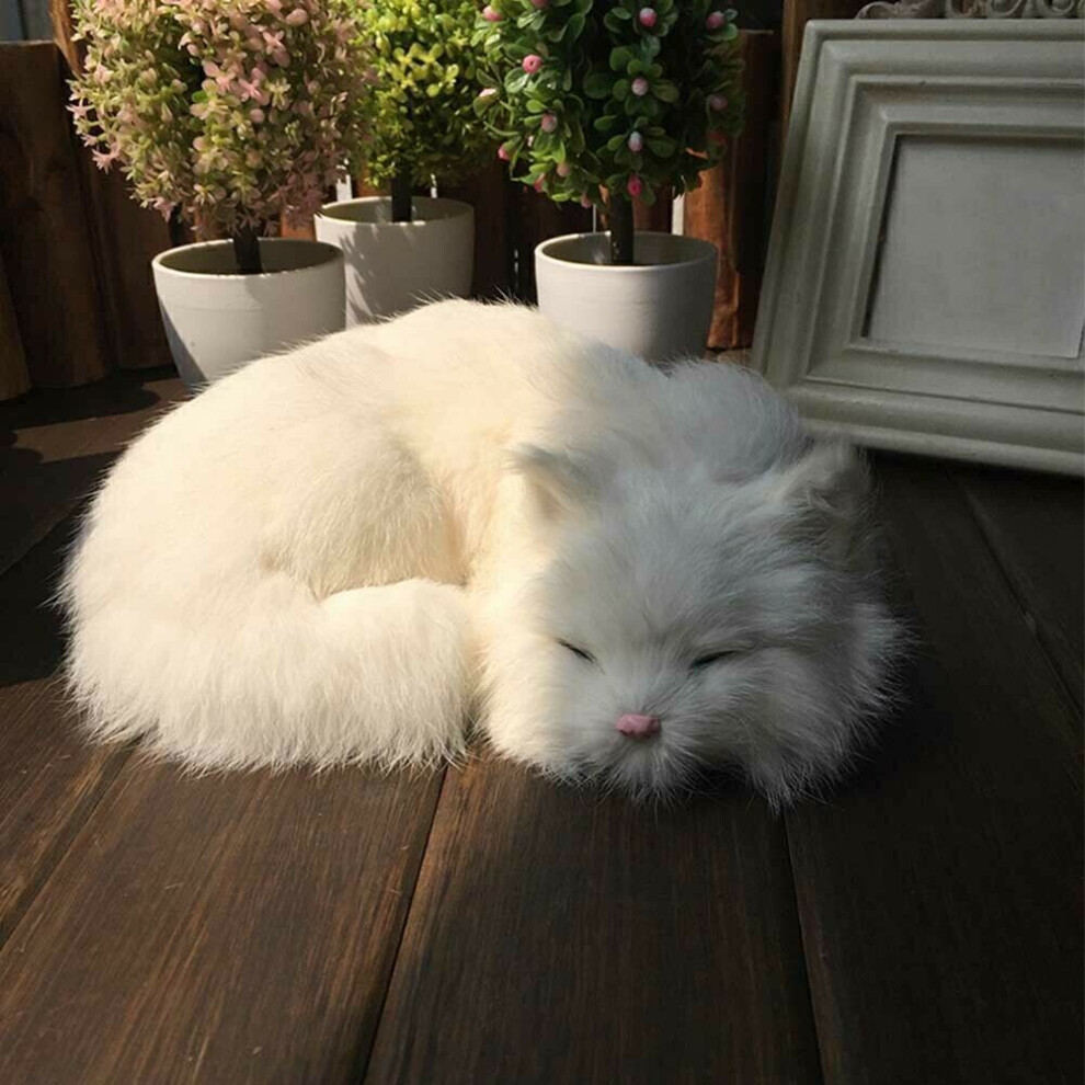 (White) Realistic Sleeping Lifelike Cat Plush Fake Fur Life Size Furry House Animal White