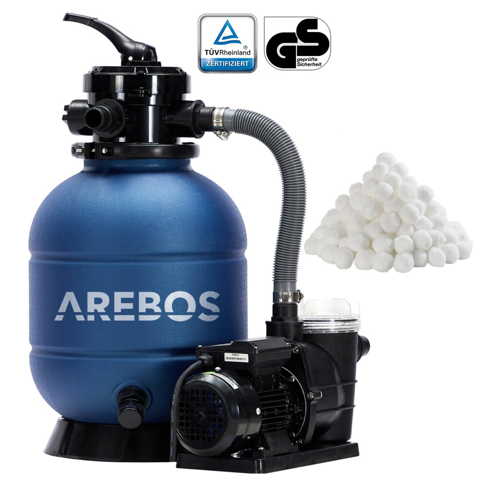 AREBOS Sand Filter System with Pump | 400W | 10,200 L/h |up to 27.5kg Sand | 4-Way Valve with Handle | Pressure Gauge | with 700g FilterBalls | Blue