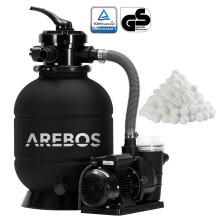 AREBOS Sand Filter System with Pump | 400W | 10,200 L/h |up to 27.5 kg Sand | 4-Way Valve with Handle | Pressure Gauge | with 700g FilterBalls | Black