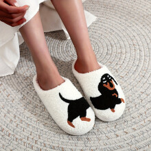 (Dachshund White, 4.5-5) Cute Cartoon Dog Dachshund Pattern Slippers, Casual Slip On Plush Lined Shoes