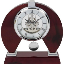Modern Skeleton Mantel Clock with Pendulum. Red Wood Piano Finish