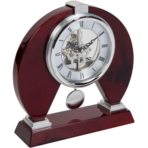 WIDDOP and Co. Modern Skeleton Mantel Clock with Pendulum. Red Wood Piano Finish 1