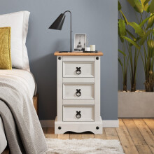 Corona White Narrow 3 Drawer Bedside Cabinet Solid Wood Pine Wooden