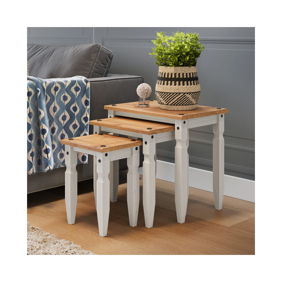 Mercers Furniture Corona Piccolo Nest Of 3 Tables Solid Wood Pine Wooden Side End Lamp - Distressed White Wax - Image 2