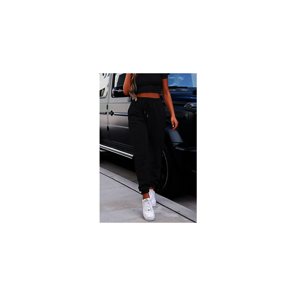 (UK Size = 12, Black) Women Joggers Tracksuit Bottoms Pockets Cuffed Lounge Sports Jogging Pants S-XL