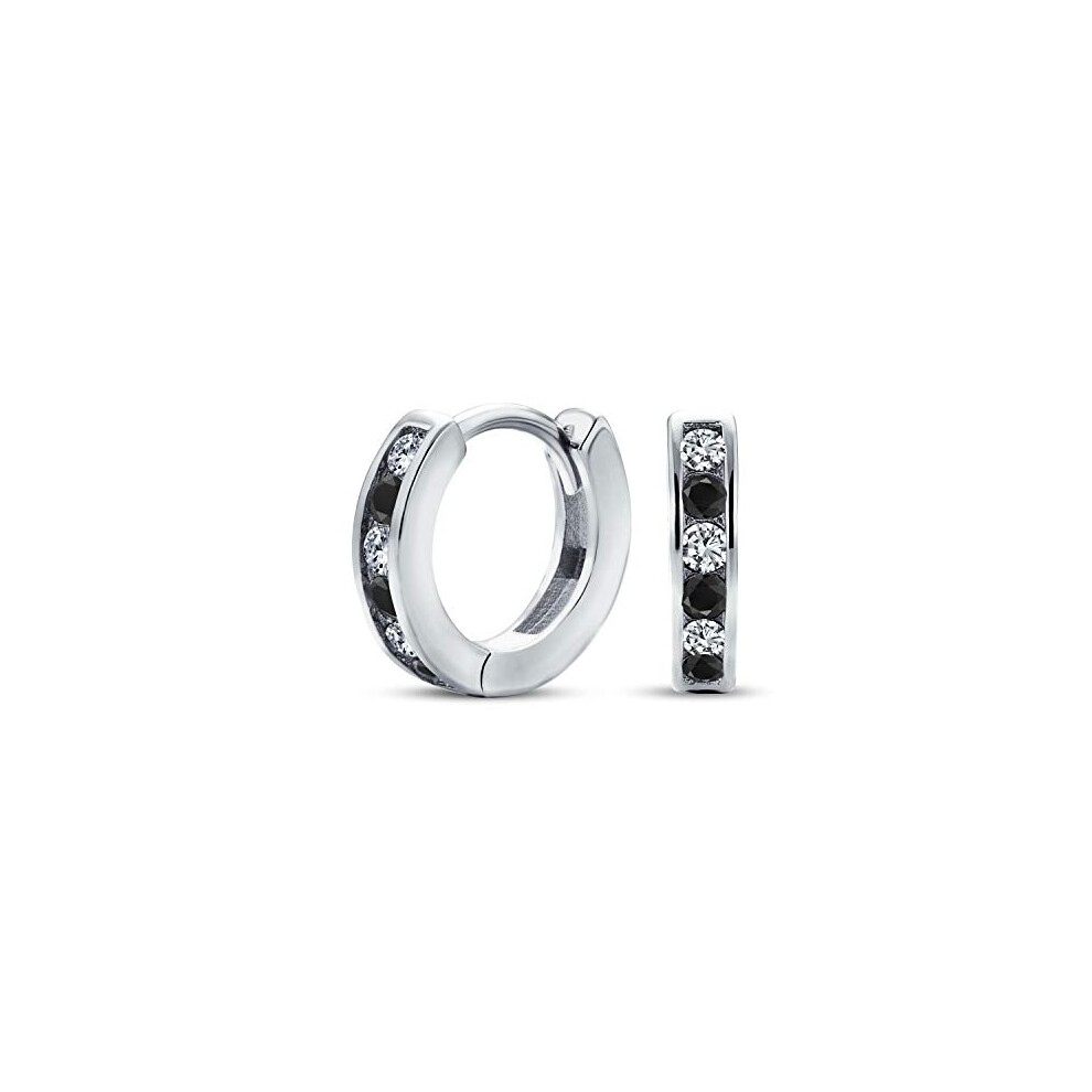 Photos - Earrings Black White Alternating Cubic Zirconia CZ Channel Set Small Huggie Hoop For Women Men .925 Sterling Silver