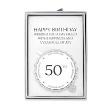 Philip Jones 50th Birthday Heart Charm Stretch Bracelet with Quote Gift Box