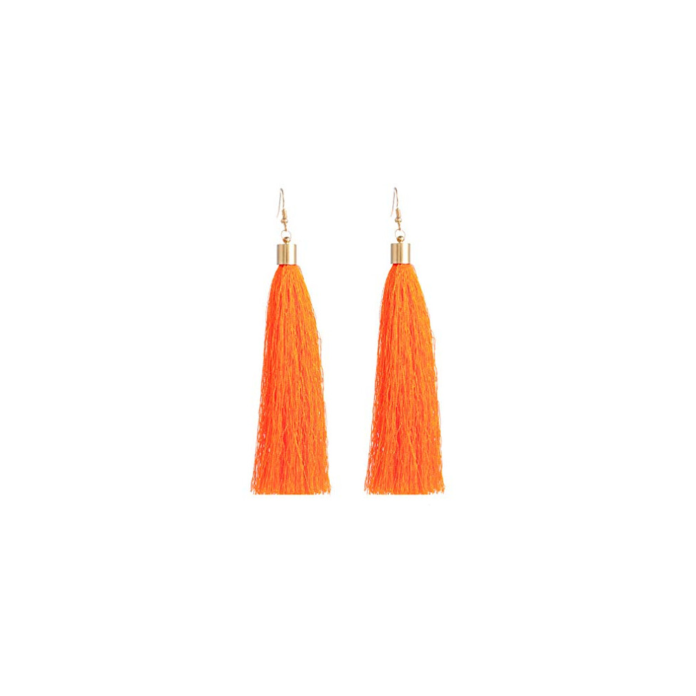 Photos - Earrings Neon Fluorescent Orange Plain Long Tassel  Gold Metal Cap and Hook