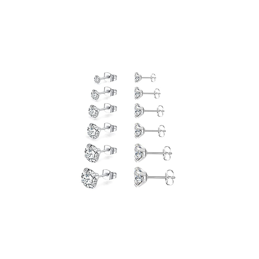 Hopply 6 Pairs Stud Earrings Set,Hypoallergenic Cubic Zirconia 316L Stainless Steel Cz 3-8Mm Earrings For Men,Women,Boys & Girls (Silver) Silver