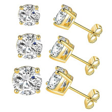 Yulovee 9ct Gold Stud Earrings for Women,3 Pairs Stud Earrings with White Crystal.