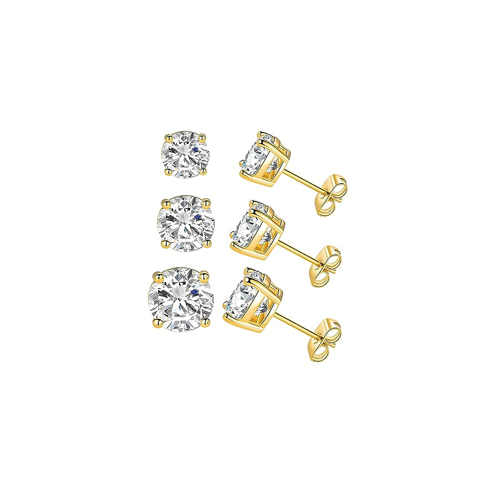 Yulovee 9ct Gold Stud Earrings for Women,3 Pairs Stud Earrings with White Crystal.