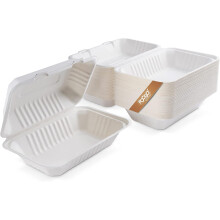 FOOGO Green 100pcs Eco-Friendly Clamshell Takeaway Boxes 9x6 inch 32oz / 900ml Made from Natural Sugarcane Pulp Disposable Takeaway Container
