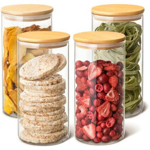 Praknu Lot de 4 Bocaux en Verre Hermetiques avec Couvercle en Bambou - Réutilisable - 8 Joints - 1,2 L - Lavable au Lave-vaisselle