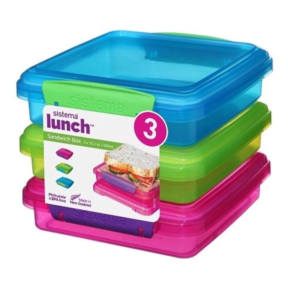 Sistema Lunch Sandwich Box, 450 ml - Assorted Colours, Pack of 3