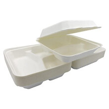 Sunrise Packaging White 3 Compartment Bagasse Meal Box, 9 x 9 inch, Recyclable Bagasse Box, Food-Grade, Tight Lid, Clamshell Box, Disposable Food