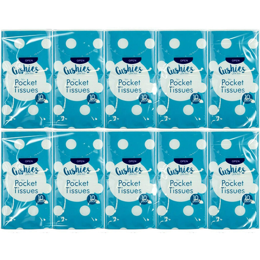 10 x Packs CUSHIES Ultra Soft Pocket Tissues 3 Ply New Embossed Strong White Makeup Beauty Home Care Travel Cleaning Fun Party Facial Clean Handy UK