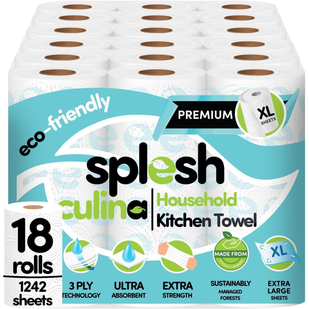 Splesh Culina Kitchen Towel - 18 XL Rolls (1242 Sheets) 3 Ply Ultra Absorbent & Extra Strong, Large Eco-Friendly Household Kitchen Rolls - 69 Super