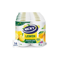 Nicky Lemon Kitchen Towel - Pack of 16 Rolls | 100 2-Ply Sheets per Roll | Absorbent | Easy Opening | Lemon Scented Core | Unique Embossing |