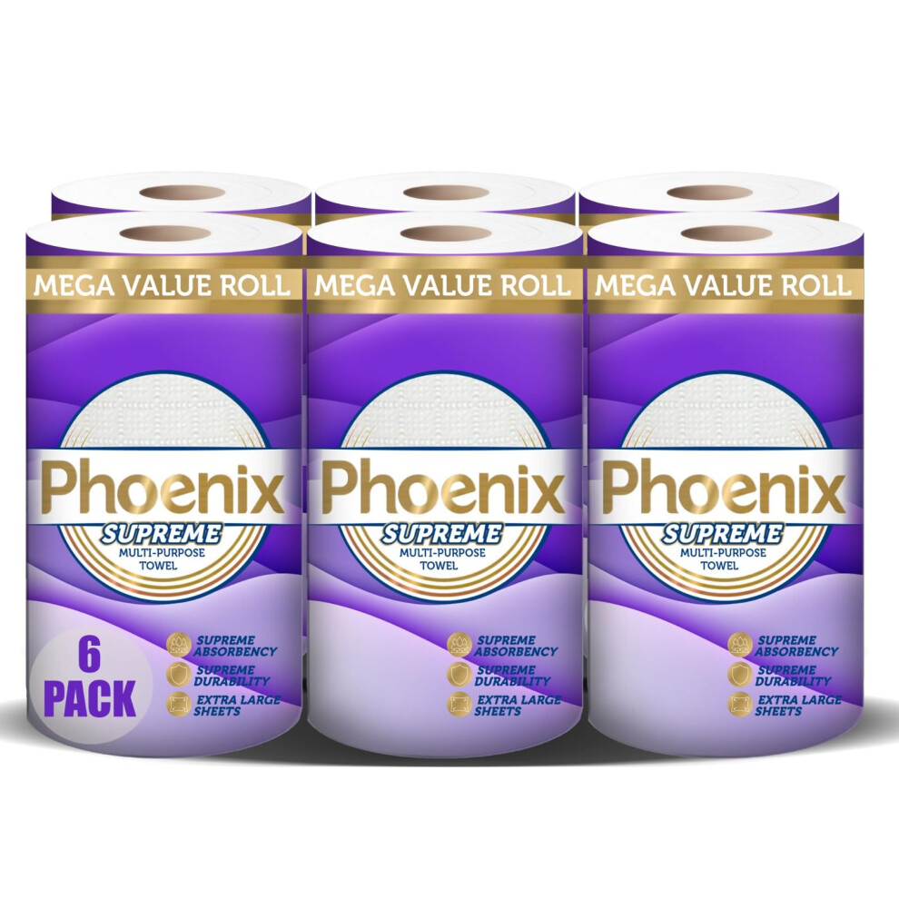 Phoenix Supreme Household Multi Purpose Kitchen TAD Paper Towel, Super Sized Ultra Resistant and Ultra Absorbent Sheets (6 Count)