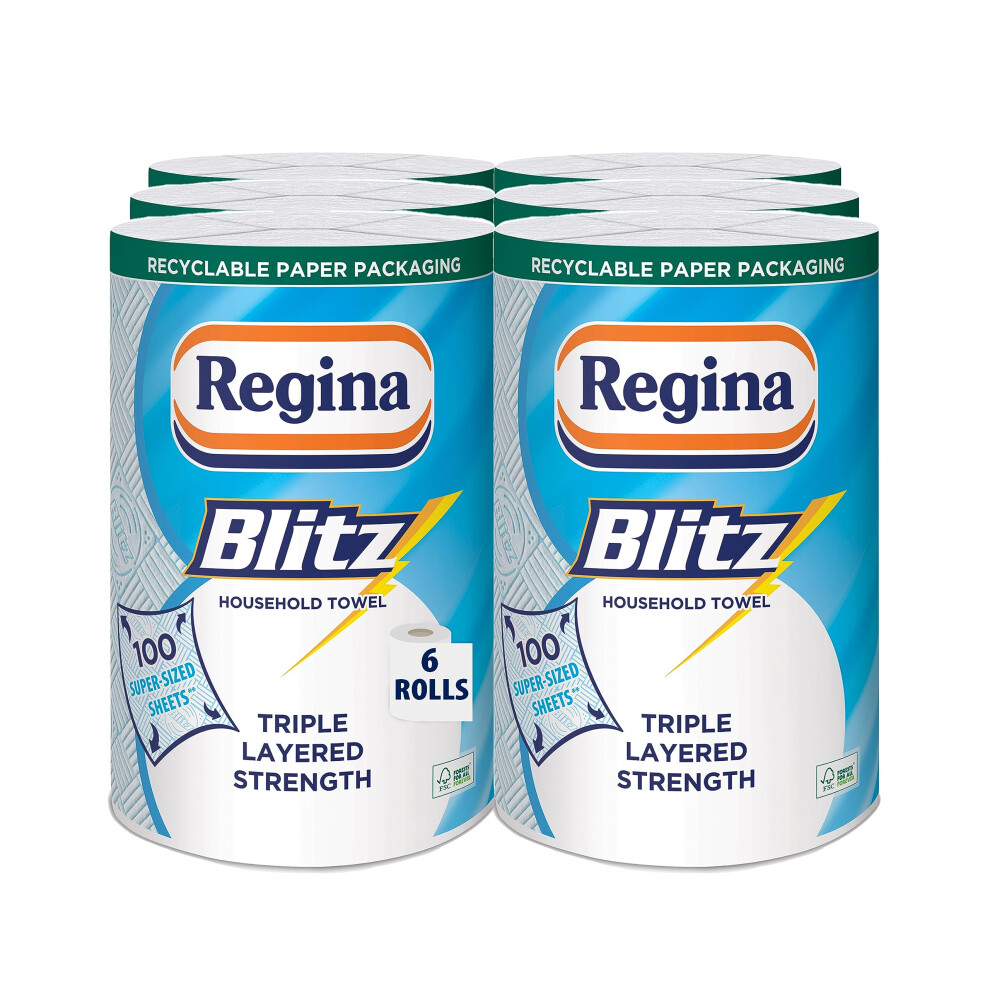 Regina Blitz Household Towels ? 6 Rolls Per Pack, 3-ply Kitchen Roll, 100 Sheets Per Roll, Paper Packaging, FSC Certified Paper, Recyclable Packaging,