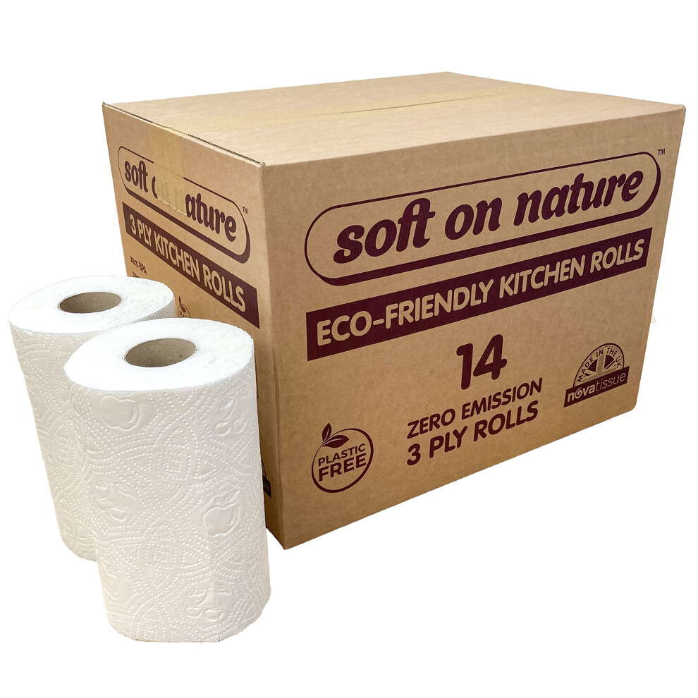 14 Jumbo Kitchen Rolls | Soft on Nature | Plastic Free | 3ply Eco-Friendly | Extra Strong | UK Made