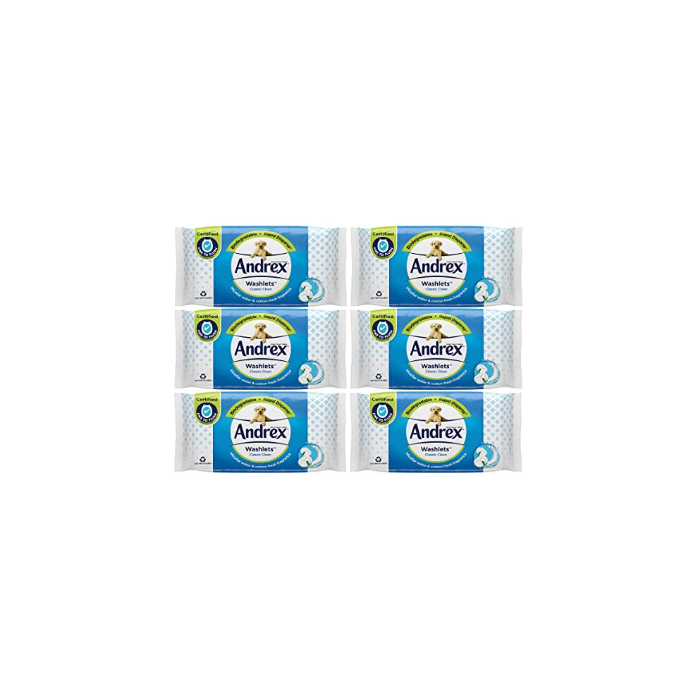 Andrex Compatible Classic Clean Washlets Wipes, 6 Packs Of 36 Wipes - Flushable Washlets - Biodegradable and Plastic-Free