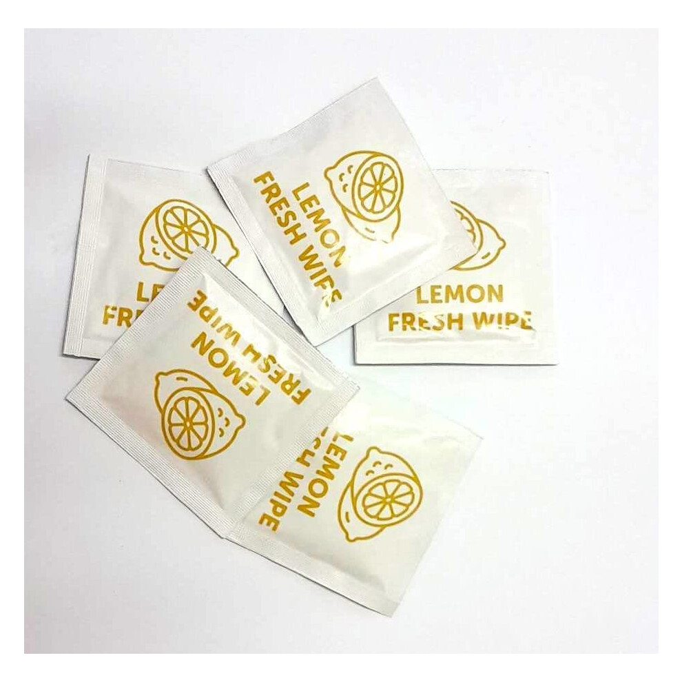 Sunrise Packaging 100 X Individually Wrapped Refreshing Lemon Scented Wet Wipes Hand Wipes Sachets Freshening Wet Wipes Foil Wrapped Hygienic Handy Wipes