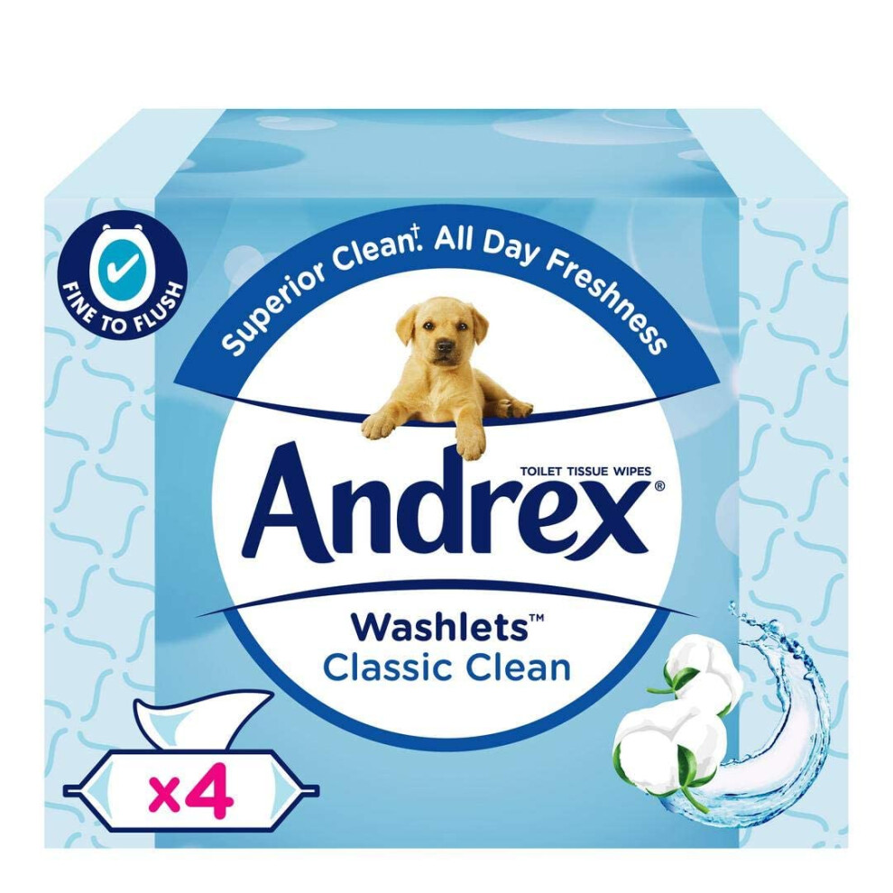 Andrex Classic Clean Washlets - Toilet Tissue Wet Wipes with Micellar Water - Flushable Washlets for a Shower Fresh Clean - Biodegradable and