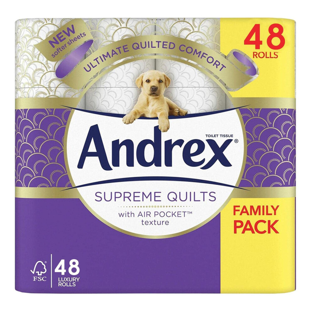 Andrex Toilet Roll Supreme Quilts Fragrance-Free 3 Ply Toilet Paper, 48 Rolls