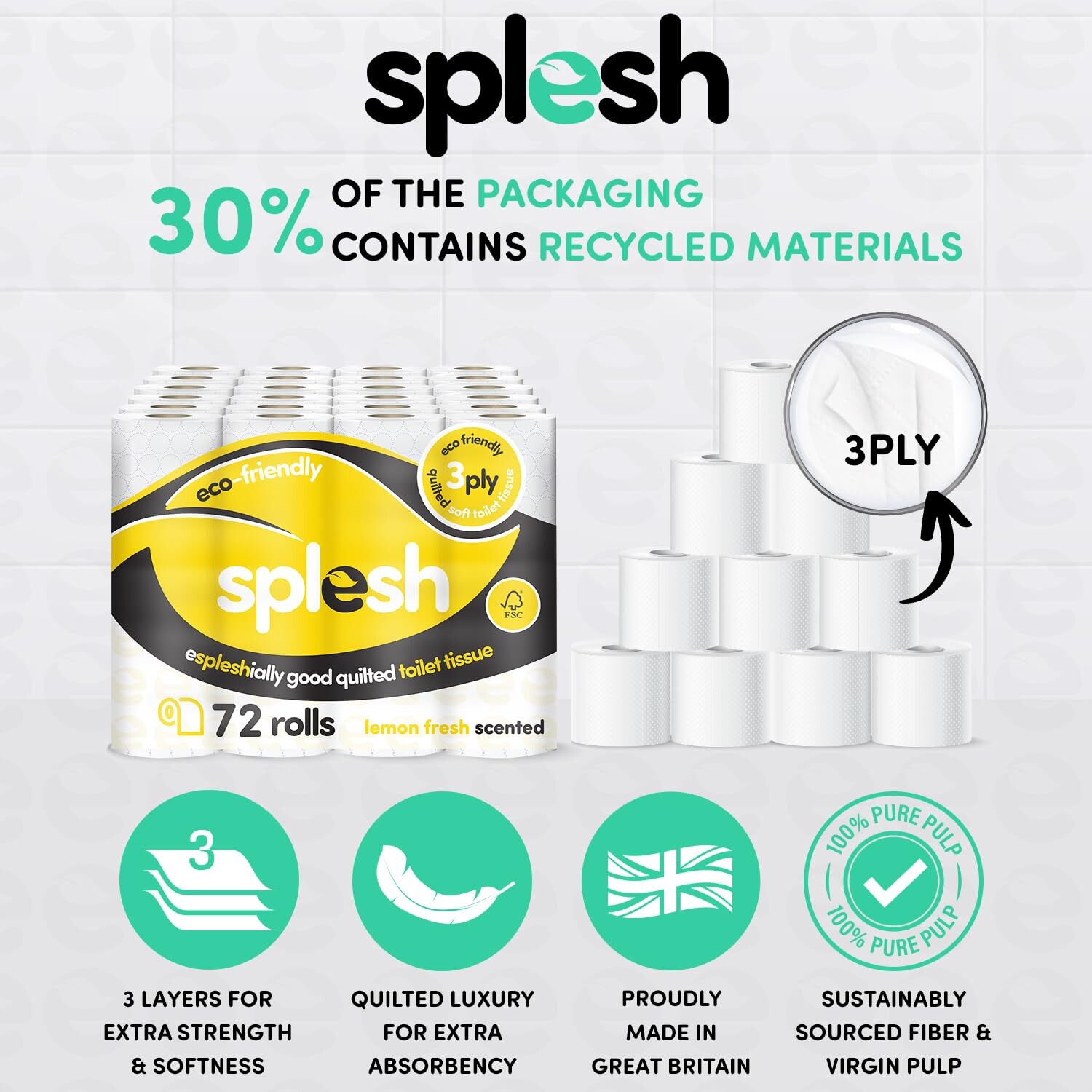 Splesh by Cusheen 3ply Toilet Roll Lemon Fragrance (72 Pack) Soft, Quilted Bulk Toilet Rolls
